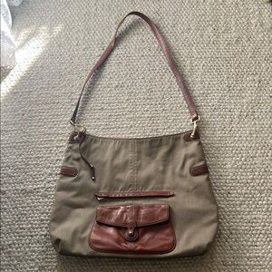 Vintage Liz Claiborne Canvas & Leather Tote Bag w/ Brass Messenger Purse